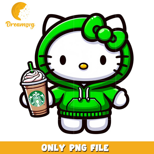 Hello Kitty in Green Hoodie with Coffee PNG File Download