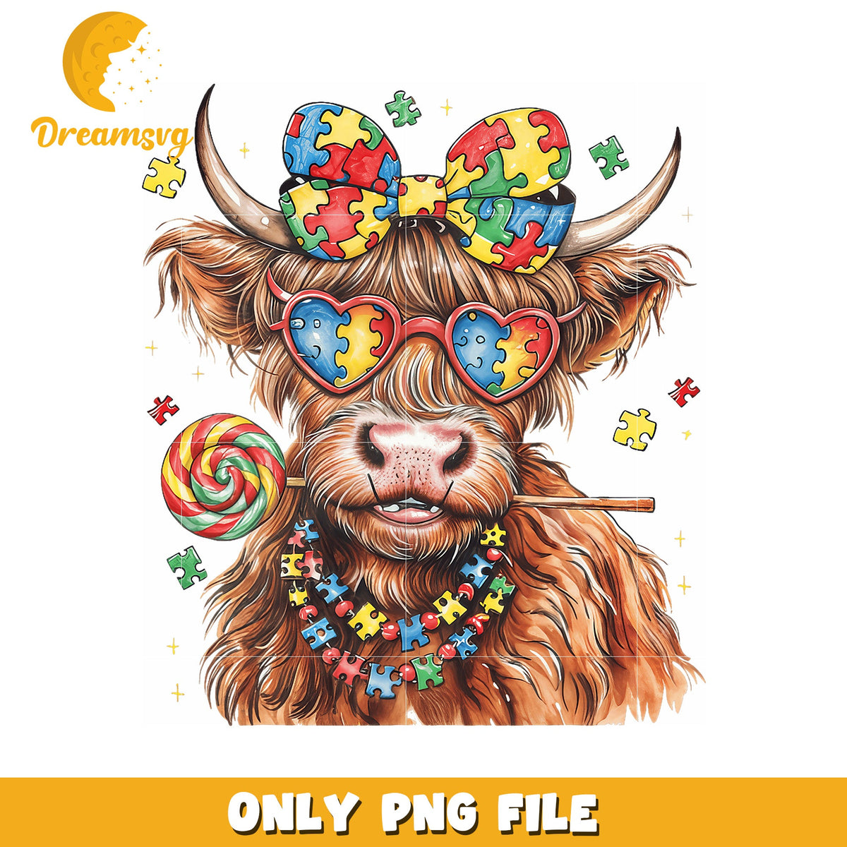 Highland Cow Autism Awareness PNG