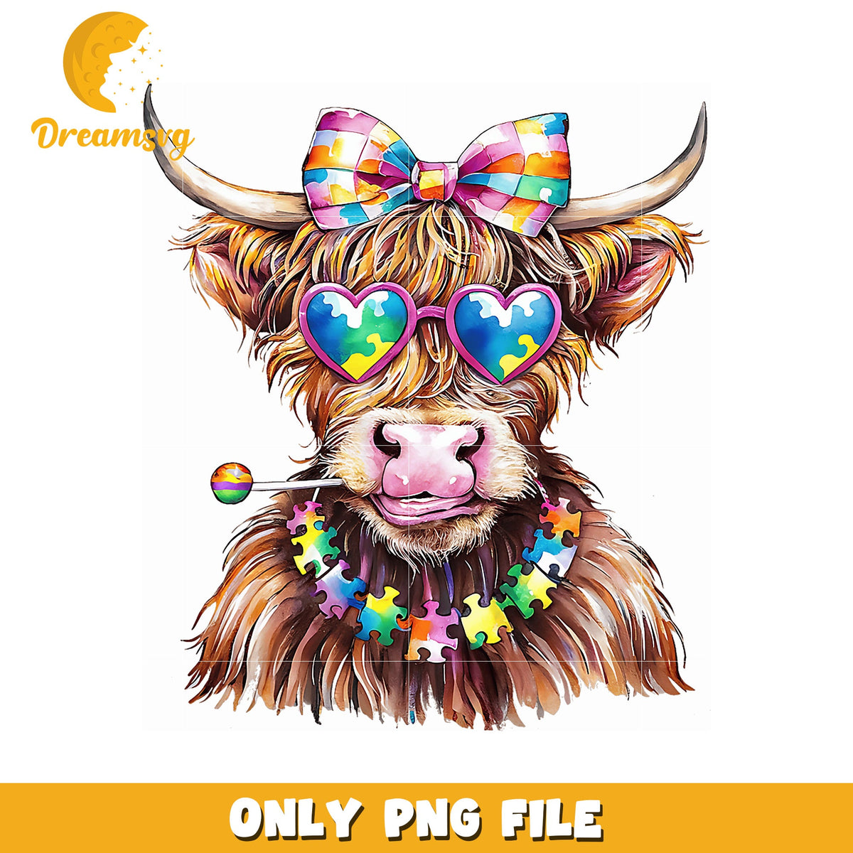 Highland Cow PNG Autism Awareness Design