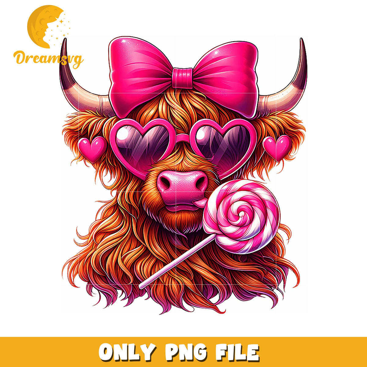 Highland Cow PNG Pink Bow, Lollipop