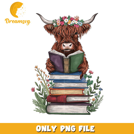 Highland Cow Reading Books PNG
