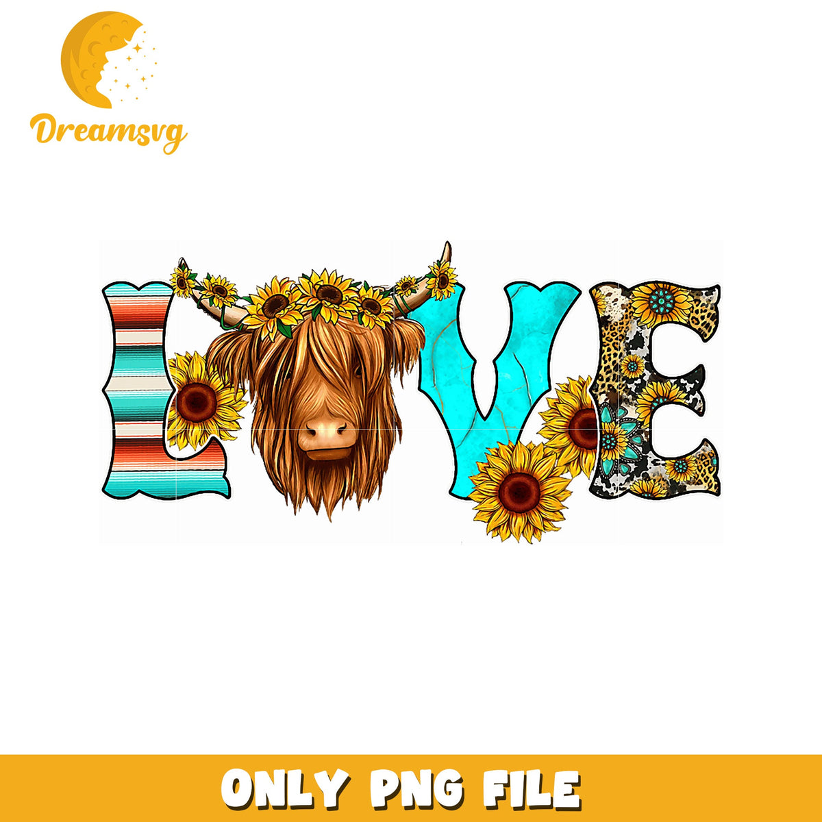 Highland Cow Sunflower Love PNG Design