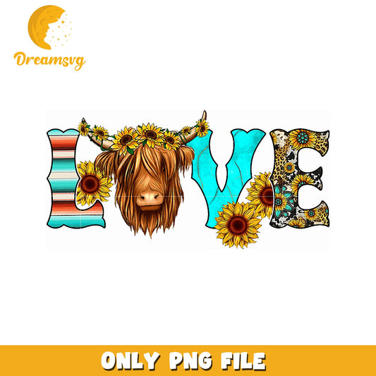 Highland Cow Sunflower Love PNG Design