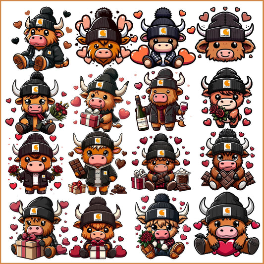 Highland cow valentine png bundle