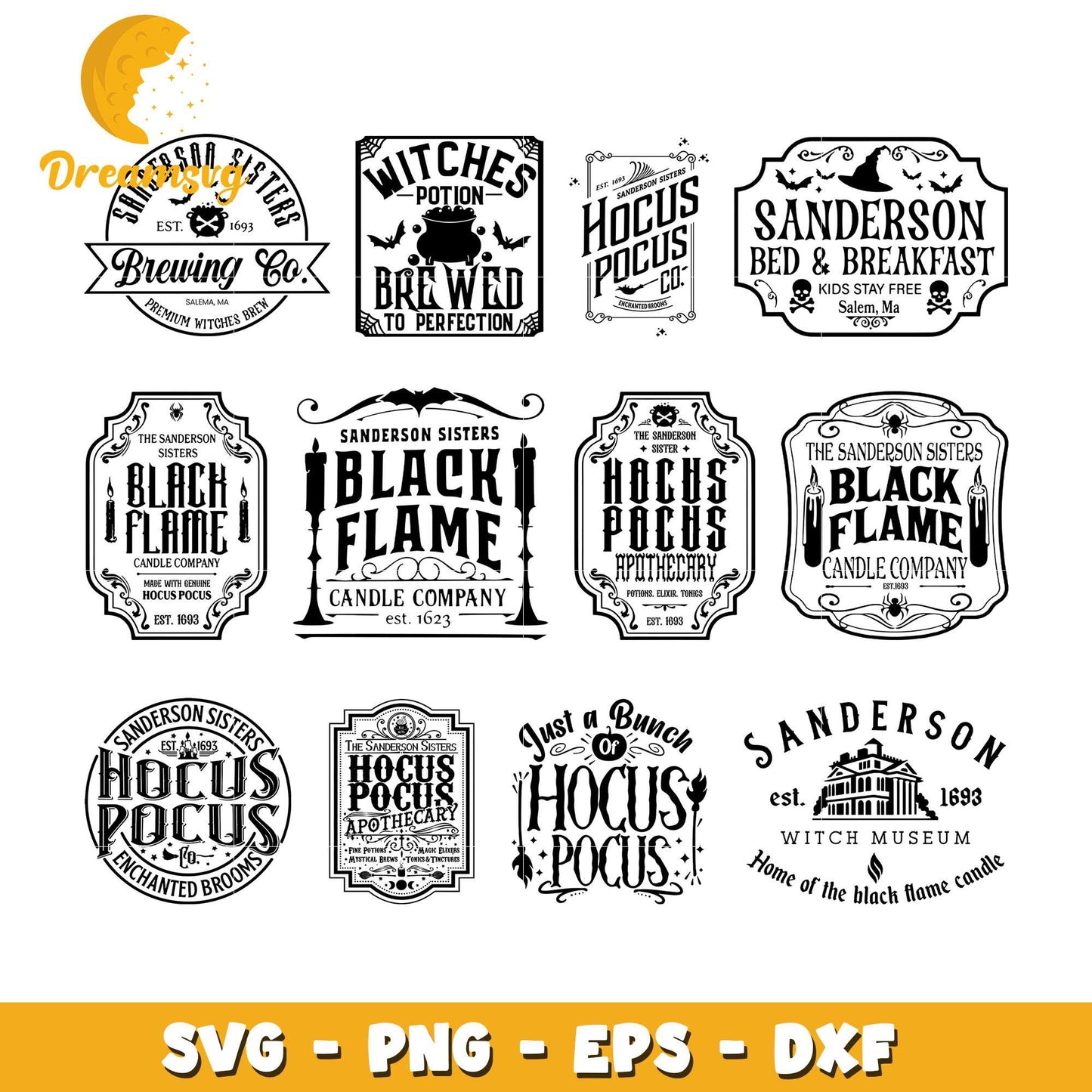 Hocus pocus logo black white design bundle svg, hocus pocus symbols svg