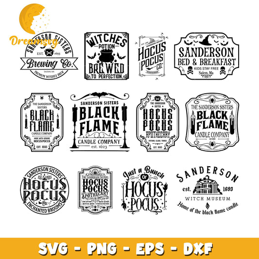 Hocus pocus logo black white design bundle svg, hocus pocus symbols svg