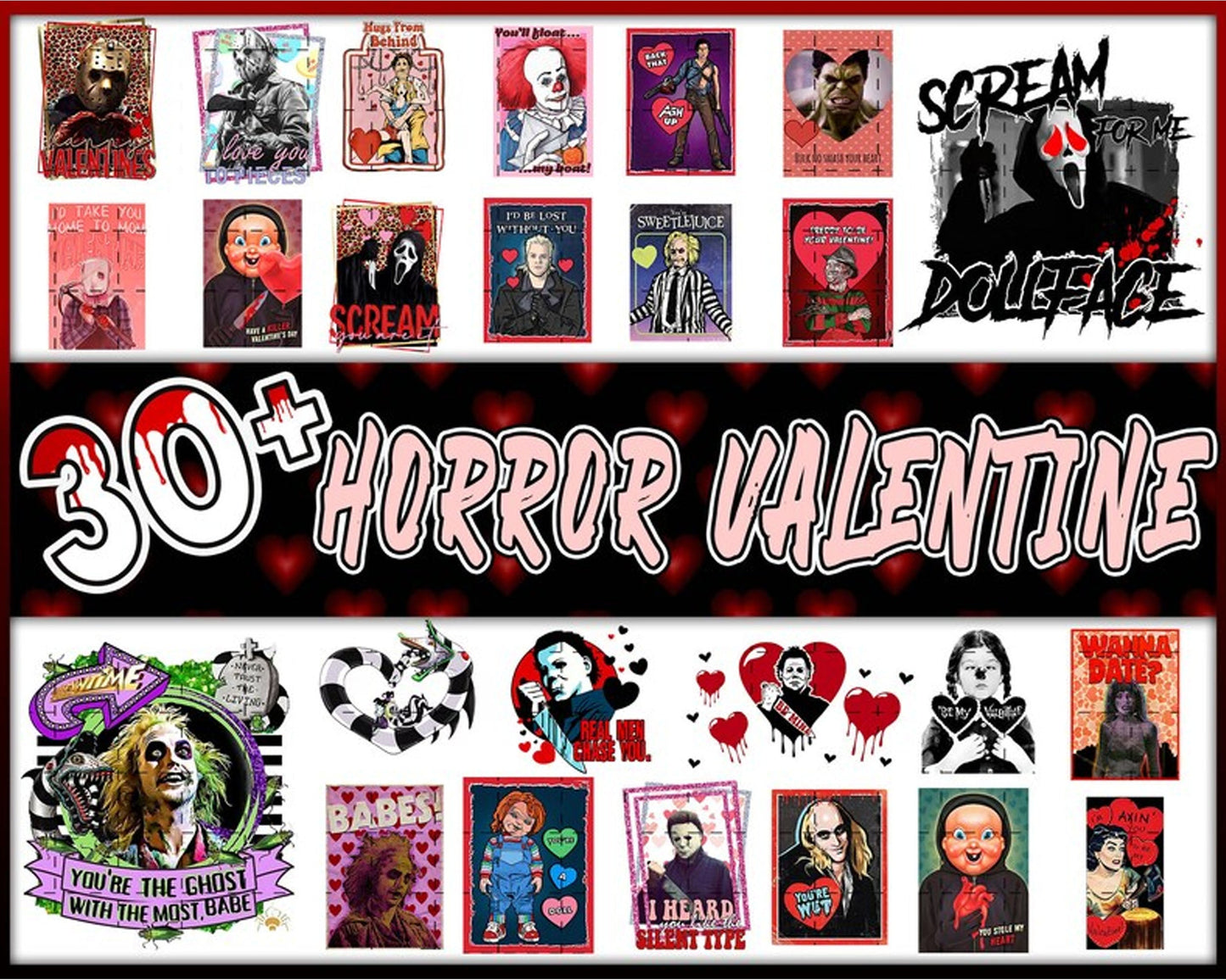 30+ Horror Valentine PNG Bundle, Valentine Horror Movie Png, Valentine's Day Png, Instant Download
