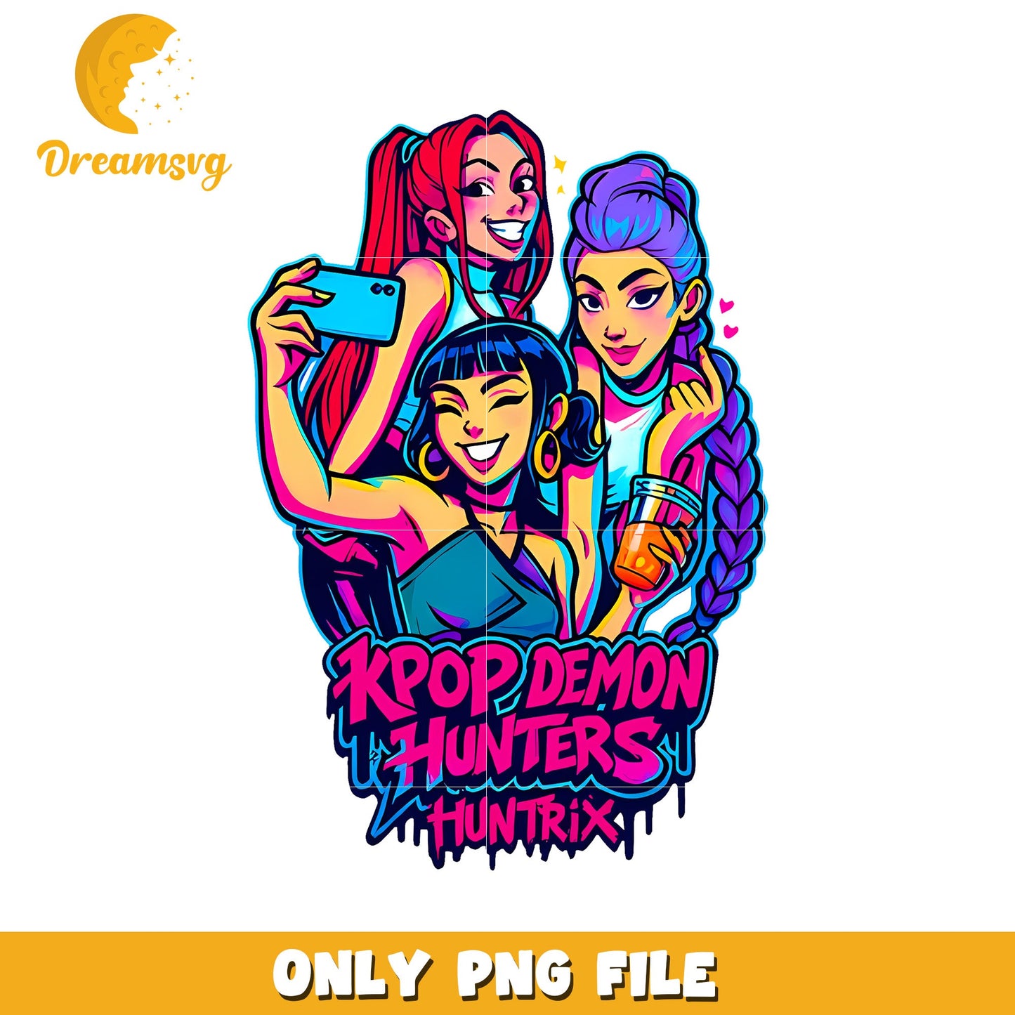 Huntrix girls design png, korean cartoons png, kpop band design png