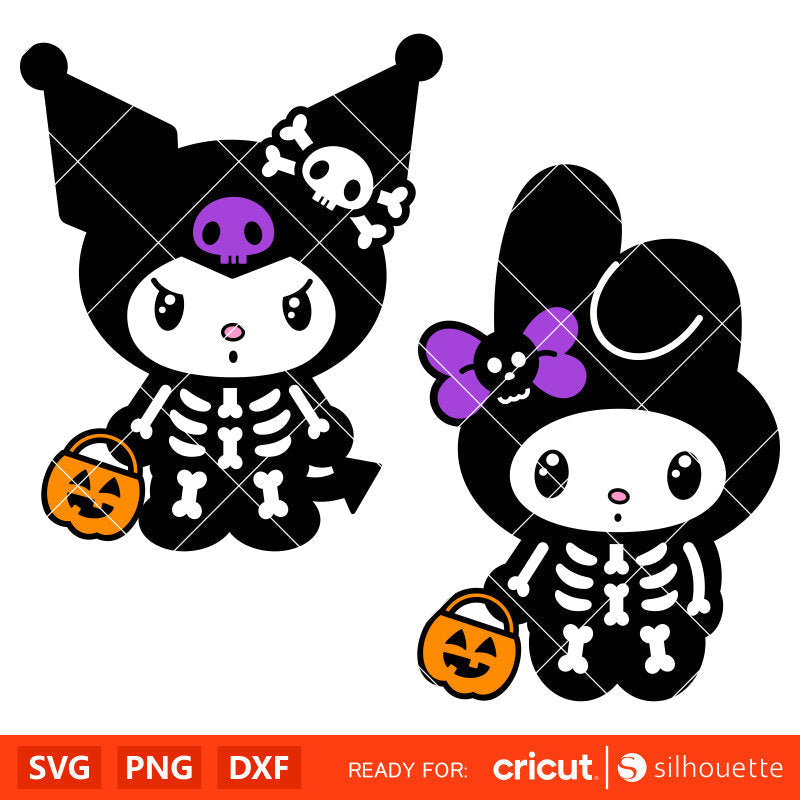 Kuromi &amp; My Melody Skeleton Bundle Svg, Sanrio Friends Svg, Halloween Svg, Kawaii Svg, Cricut, Silhouette Vector Cut File