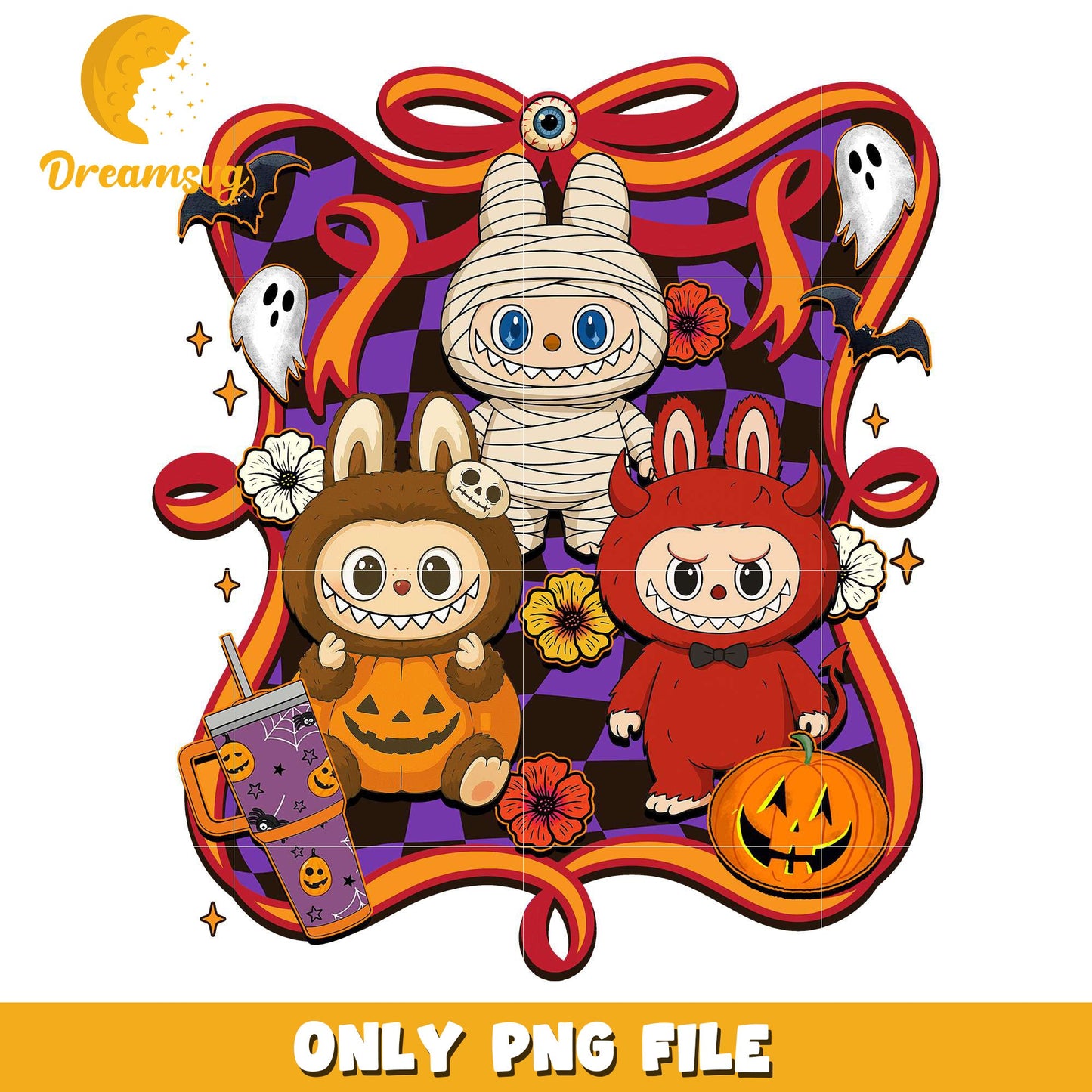 Labubu halloween design png, halloween pumpkin png, spooky halloween png