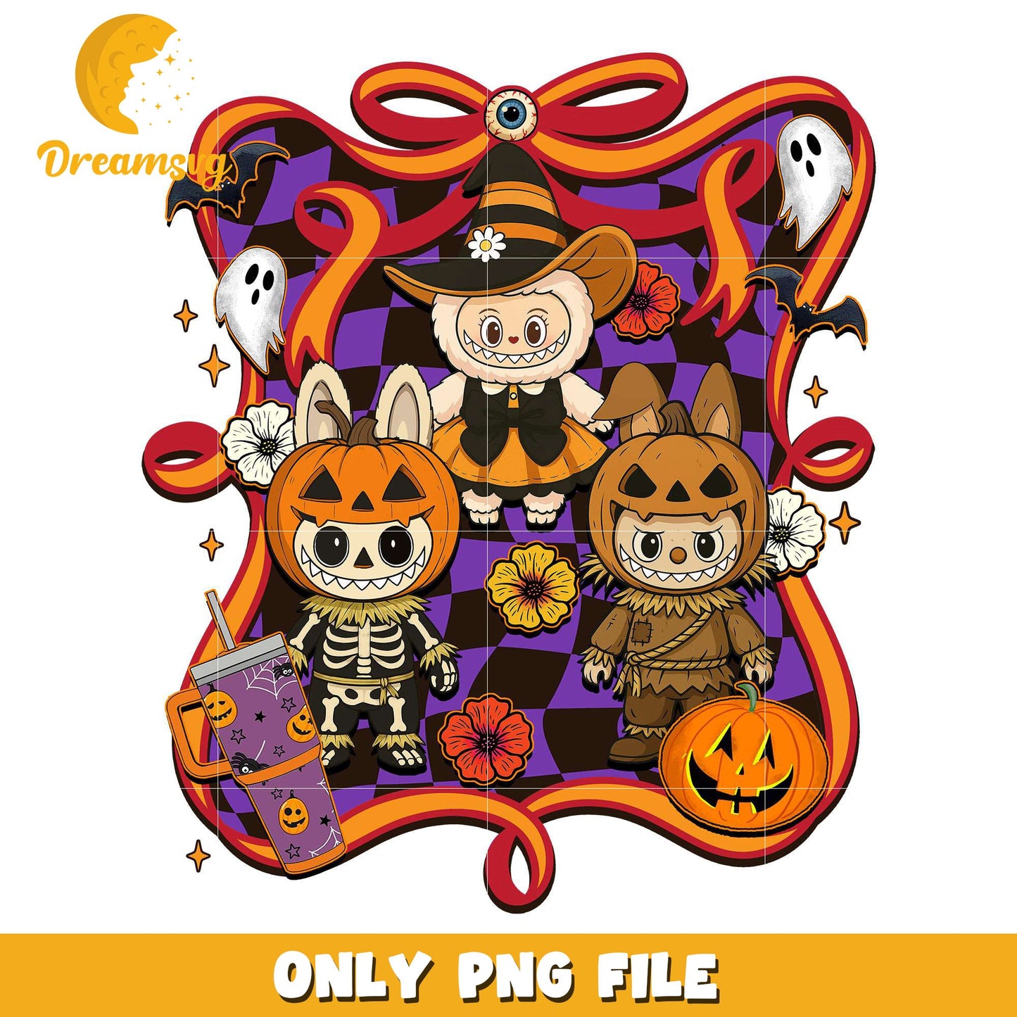 Labubu scary costumes png, halloween pumpkin png, spooky halloween png