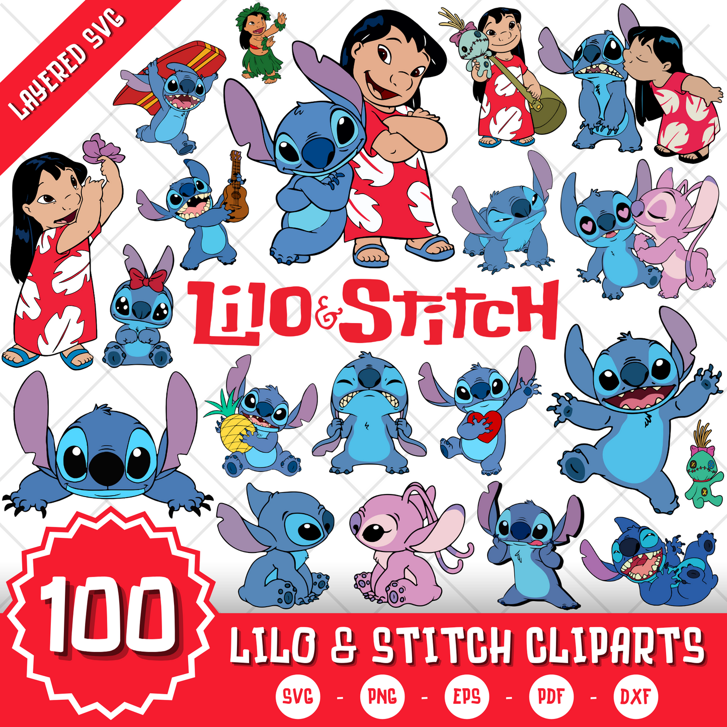 Lilo & Stitch 100 Cliparts Bundle, Lilo and Stitch SVG Cut Files for Cricut / Silhouette, PNG DXF, instant download