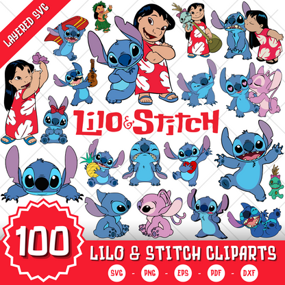 Lilo & Stitch 100 Cliparts Bundle, Lilo and Stitch SVG Cut Files for Cricut / Silhouette, PNG DXF, instant download