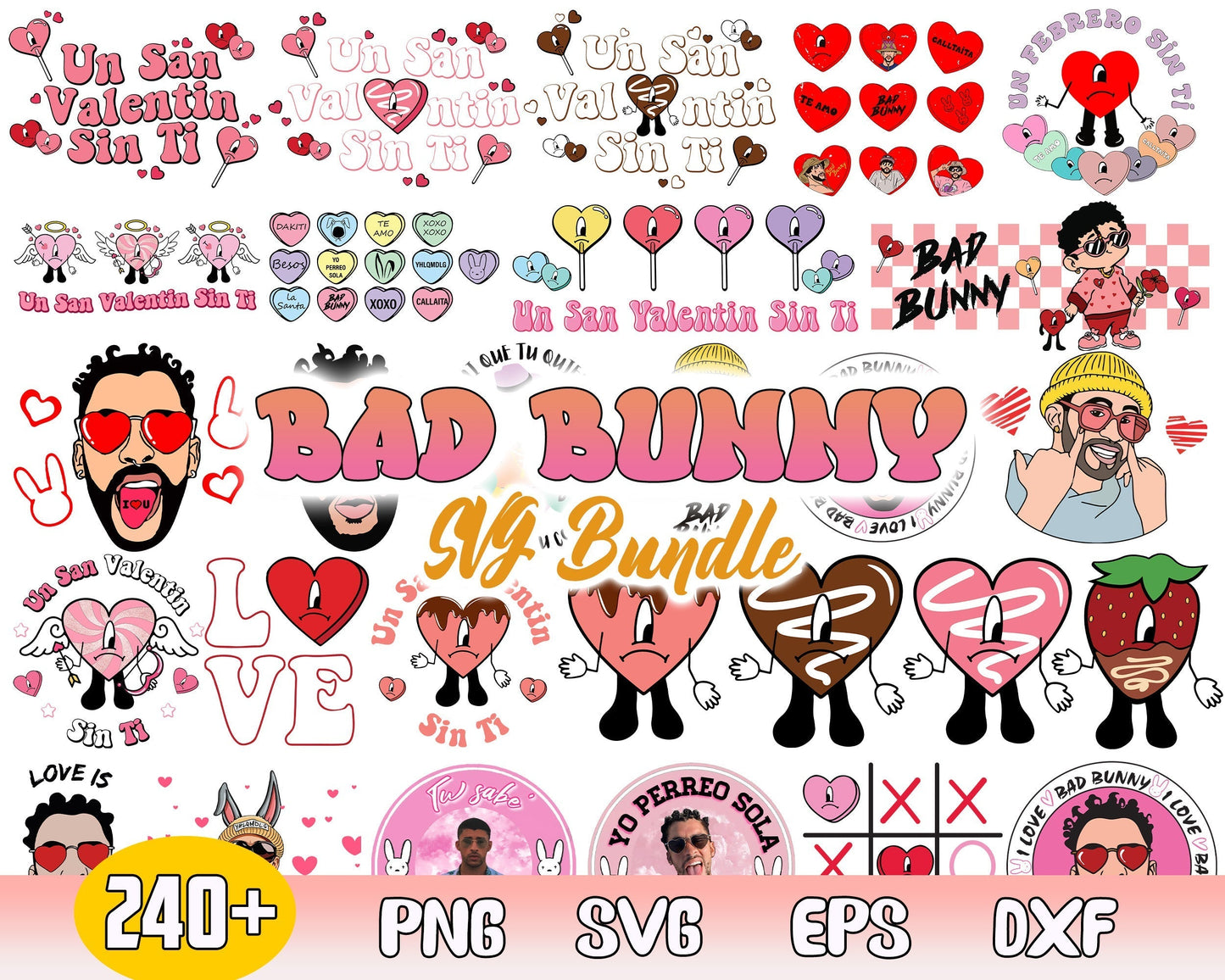 240+ Bad bunny Valentines bundle, Valentine SVG PNG, eps dxf Design - Digital Download