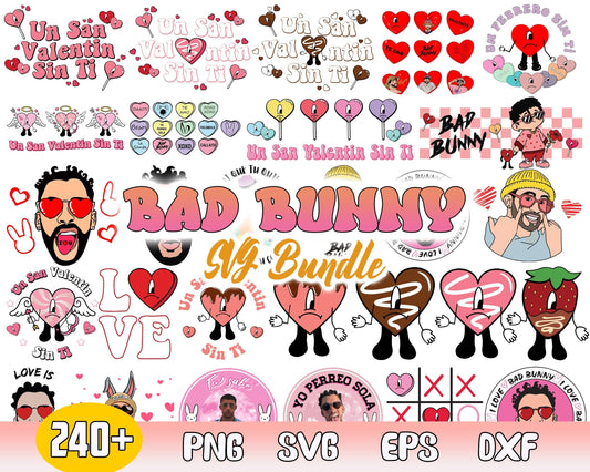 240+ Bad bunny Valentines bundle, Valentine SVG PNG, eps dxf Design - Digital Download