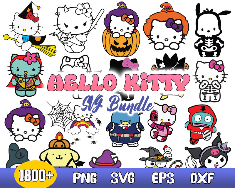 1800+ Mega Halloween Hello Kitty Bundle svg, Kawaii kitty halloween svg, eps, png, dxf, Horror kitty digital files.