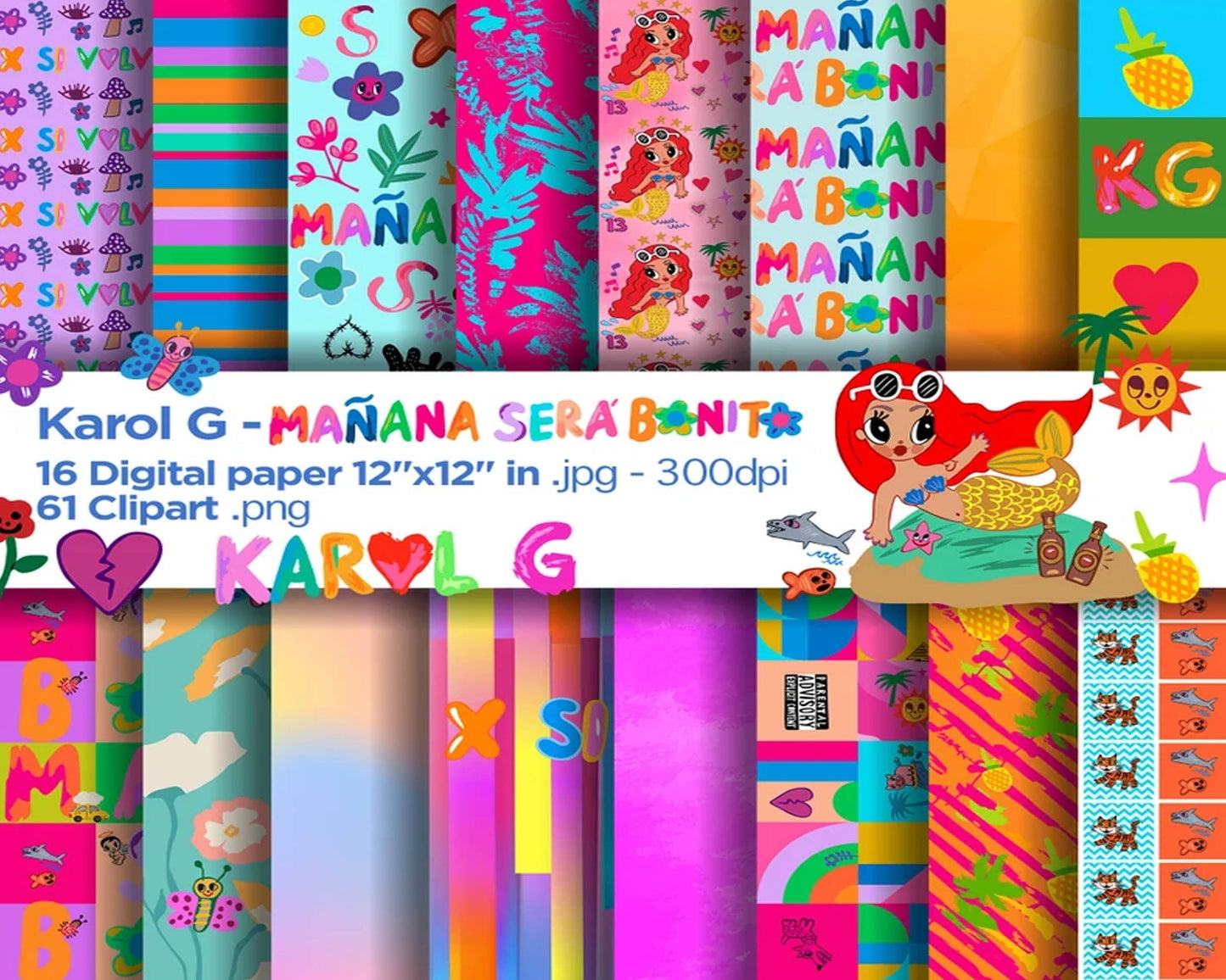 Manana sera bonito Digital Papers, Karol G Backgrounds, mañana sera bonito Papers, Scrapbook, Printable tropical digital paper