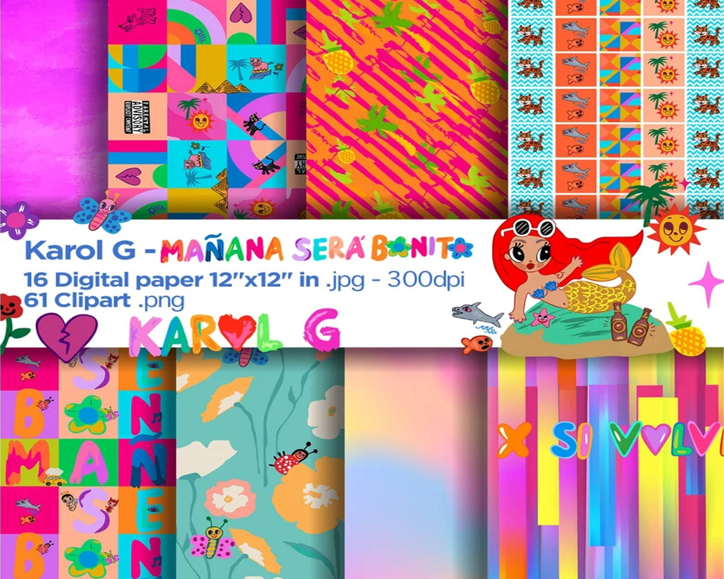 Manana sera bonito Digital Papers, Karol G Backgrounds, mañana sera bonito Papers, Scrapbook, Printable tropical digital paper