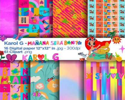 Manana sera bonito Digital Papers, Karol G Backgrounds, mañana sera bonito Papers, Scrapbook, Printable tropical digital paper