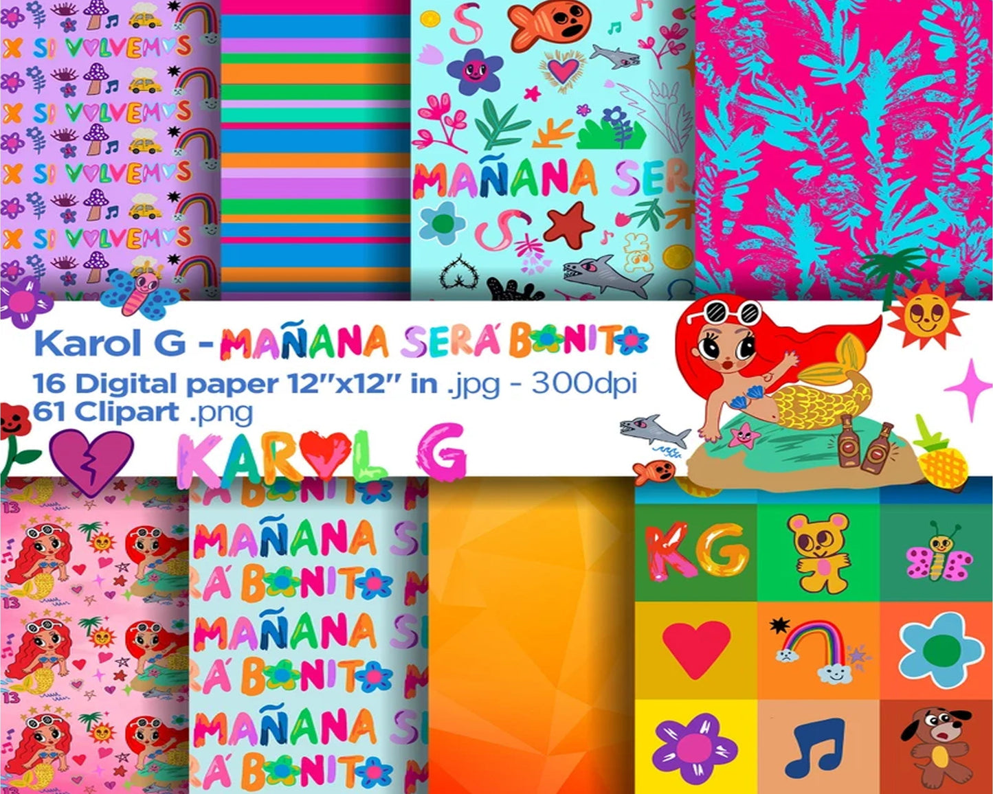 Manana sera bonito Digital Papers, Karol G Backgrounds, mañana sera bonito Papers, Scrapbook, Printable tropical digital paper