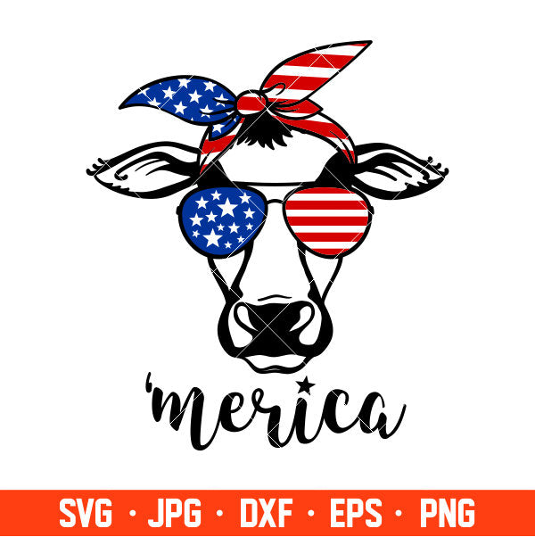 Merica Heifer Cow Svg, 4th of July Svg, Patriotic Svg, Independence Day Svg, USA Svg, Cricut, Silhouette Vector Cut File