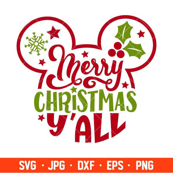 Merry Christmas Y’all Mickey Svg, Christmas Svg, Disney Christmas Svg, Cricut, Silhouette Vector Cut File