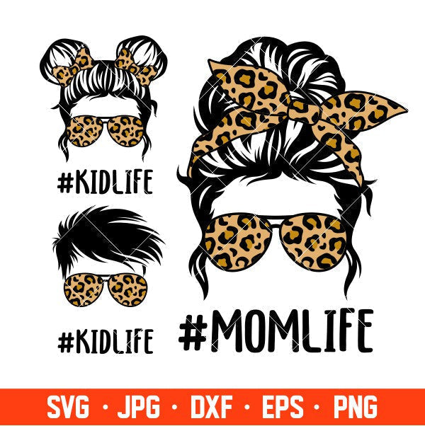 Mom Life Kid Life Svg, Messy Bun Hair Svg, Leopard Mom Svg