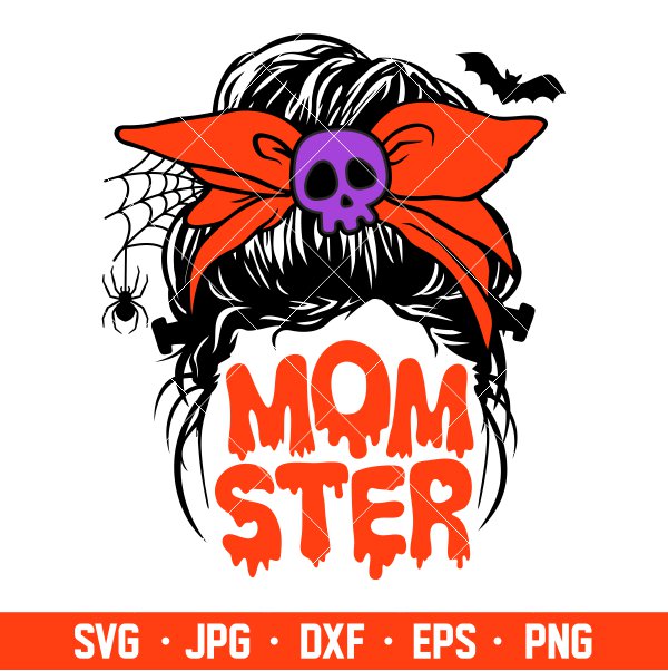 Momster Svg, Messy Bun Hair Svg, Halloween Mom Svg, Mom Skull Svg, Cricut, Silhouette Vector Cut File