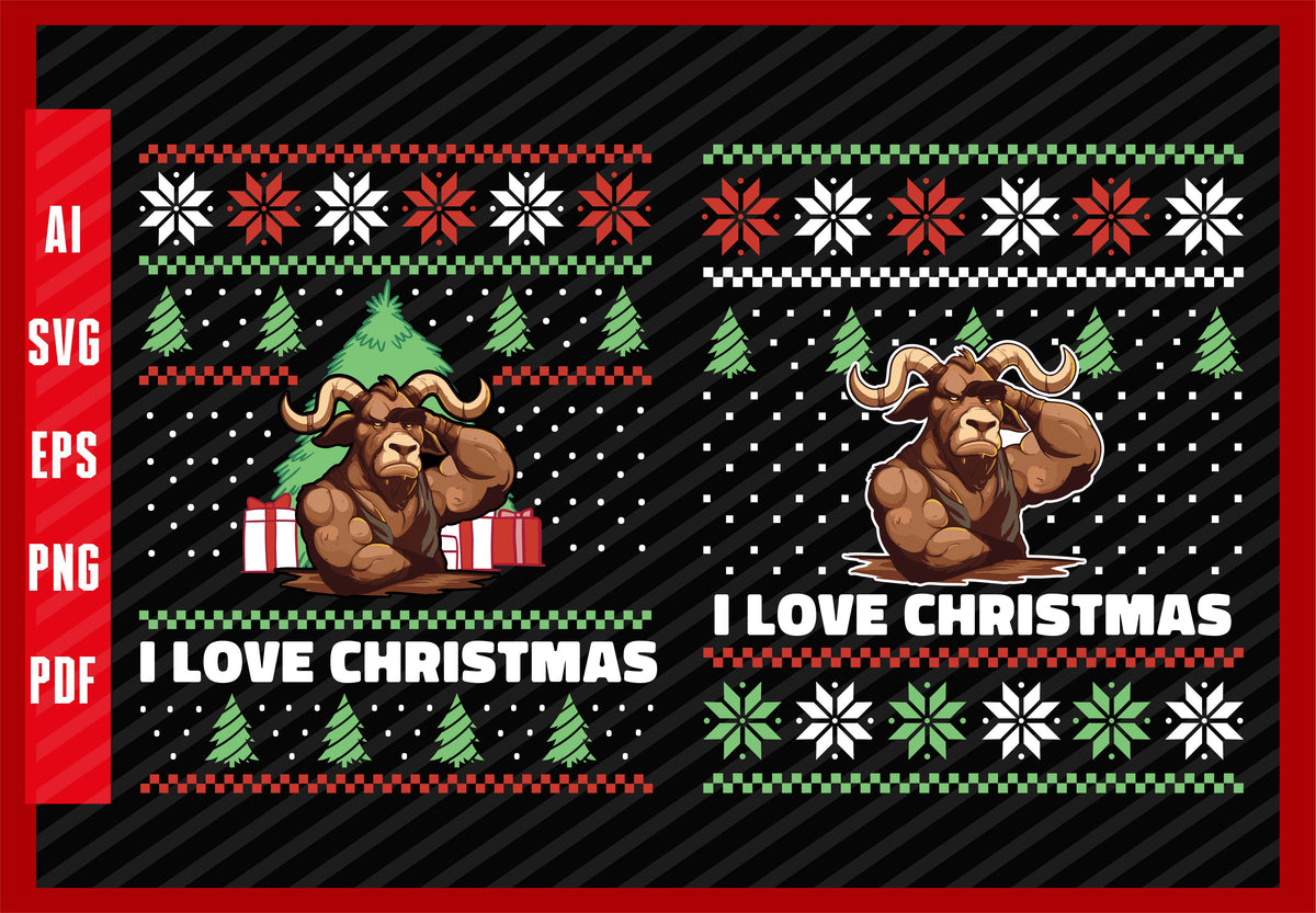 Muscular Bull-Animals Gym Fitness Design, I Love Christmas T-Shirt Design Eps, Ai, Png, Svg and Pdf Printable Files