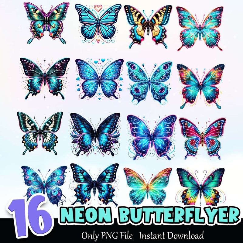 Neon Butterflyer PNG Bundle Sublimation Instant Download