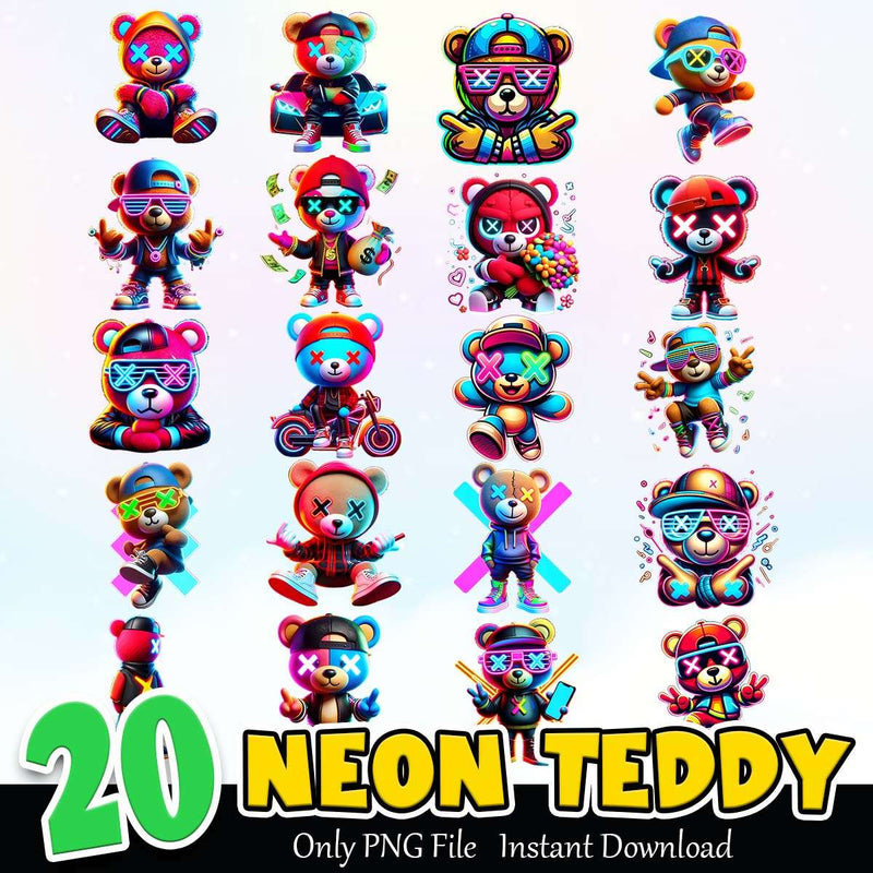 Neon Teddy PNG Bundle Sublimation Instant Download