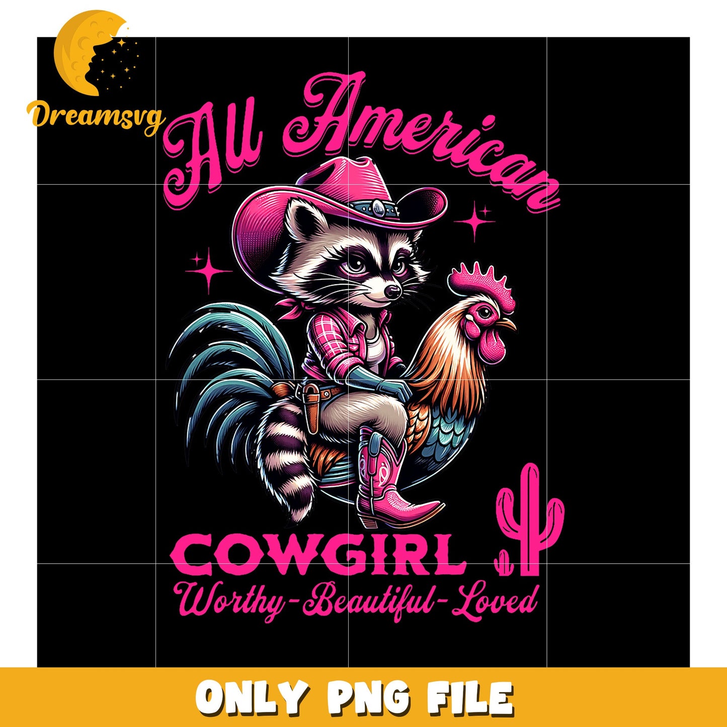 Option 1 (Focus on Keywords) Raccoon Cowgirl PNG Design All American Worthy Beautiful Loved