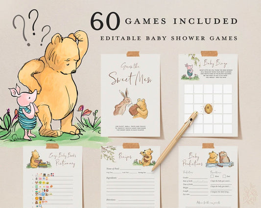 60 POOH Baby Shower Games, Editable Winnie-The-Pooh Classic Party Games, Download, Piglet Owl Kanga Roo, Virtual Baby Games, Printable DIY