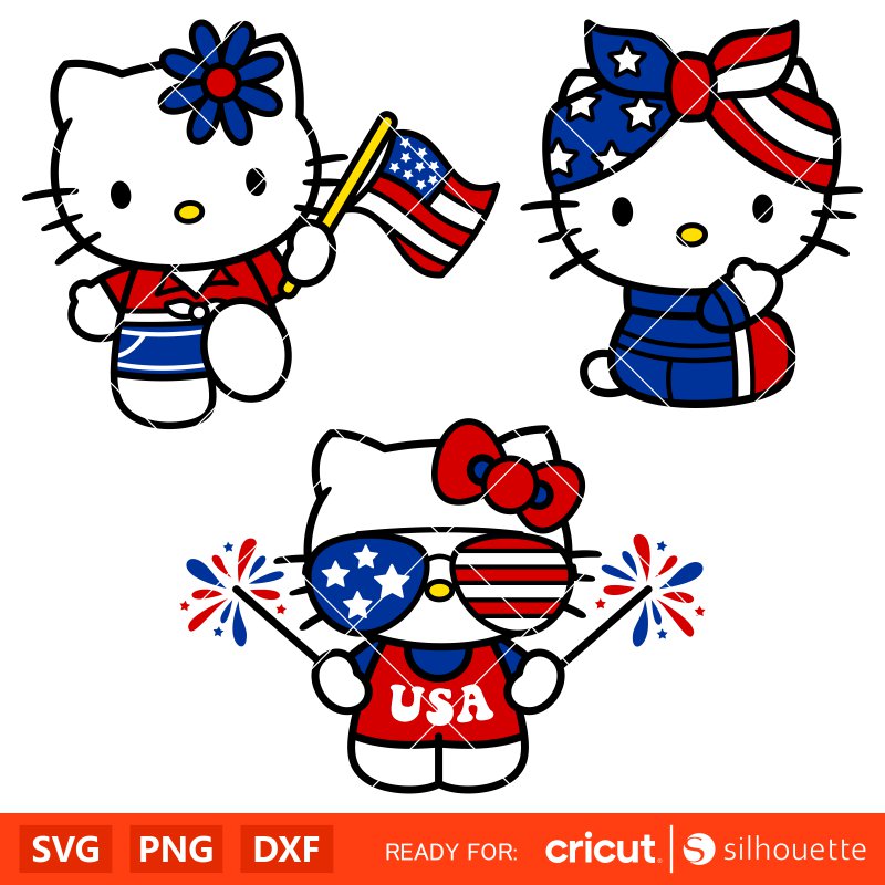 Patriotic Hello Kitty Svg Bundle, Patriotic Hello Kitty Silhouette Vector Cut Files