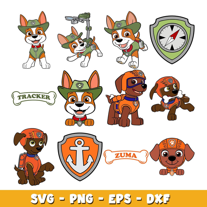 Tracker and zuma svg, Paw Patrol bundle svg, cartoon svg