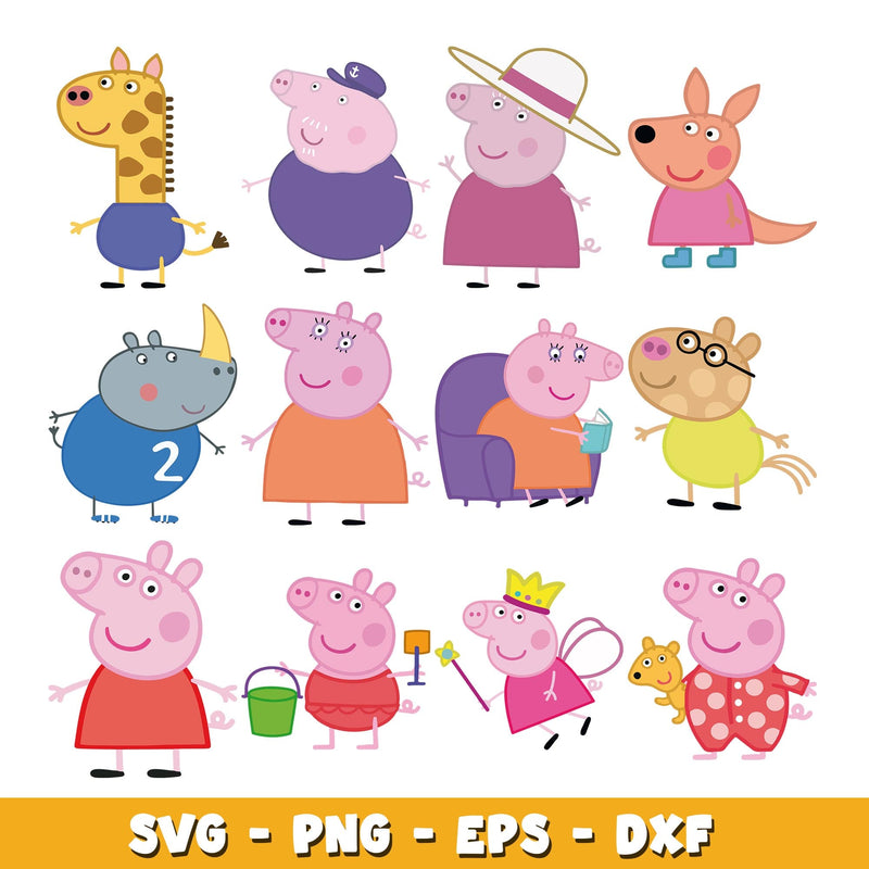 Peppa Pig family svg, Peppa Pig bundle svg, cartoon svg