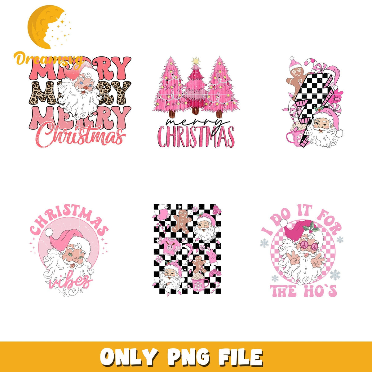 Pink merry christmas tree design bundle png, christmas vibes png