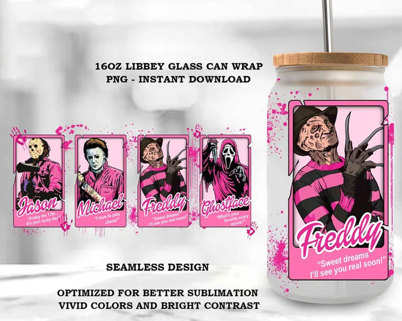 Pink Horror Killer 16oz Libbey Can Glass png, Digital download