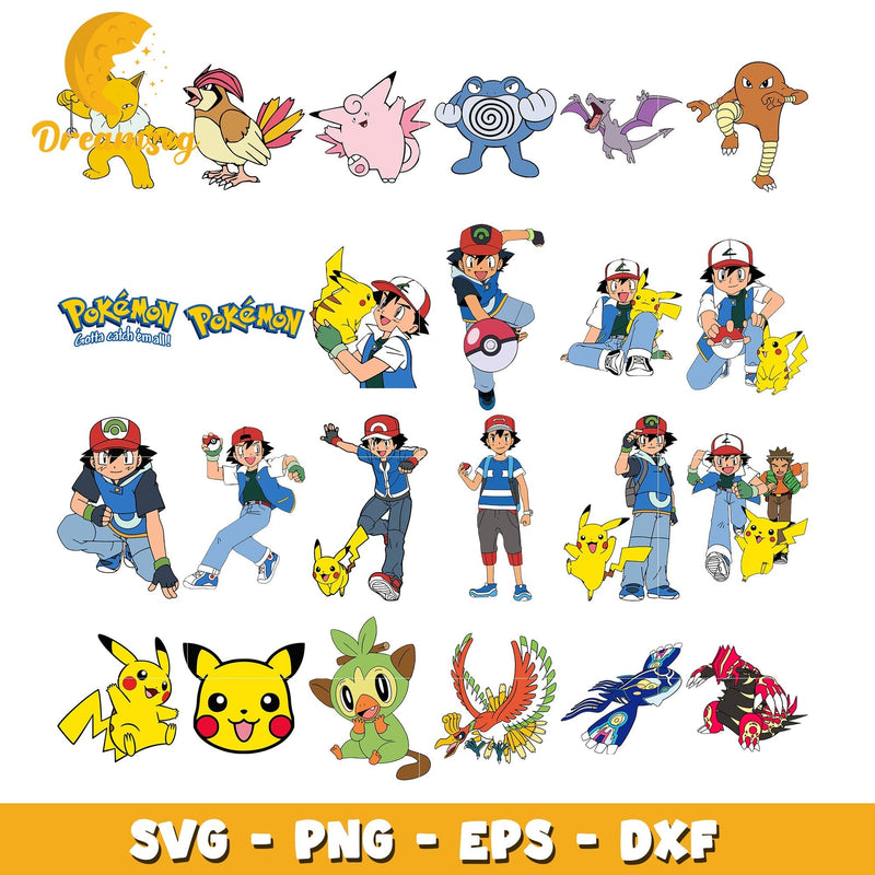 Satoshi characters and pokemon bundle svg, pikachu characters svg