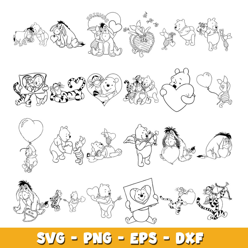 Winnie the Pooh and friends valetine coloring bundle svg, wine the pooh svg, Disney cartoon svg, Digital download