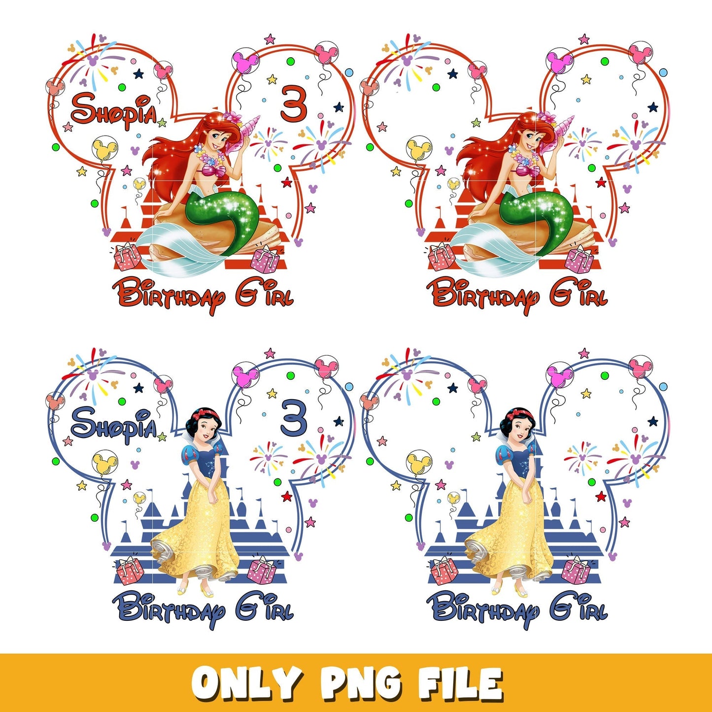 Snow White and Mermaid Birthday Girl bundle png, Disney Princess png, Disney cartoon png, Digital download