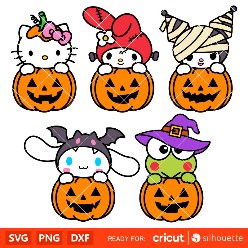 Pumpkin Sanrio Characters Svg Bundle, Hello Kitty Halloween Svg for Cricut, Silhouette Vector Cut Files