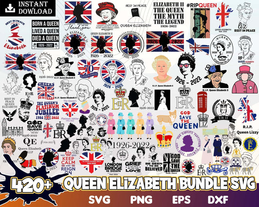 420+ Queen Elizabeth-II Svg, RIP United Kingdom Queen in 4 formats, In memory of Her majesty Queen Elizabeth-II bundle, Digital download