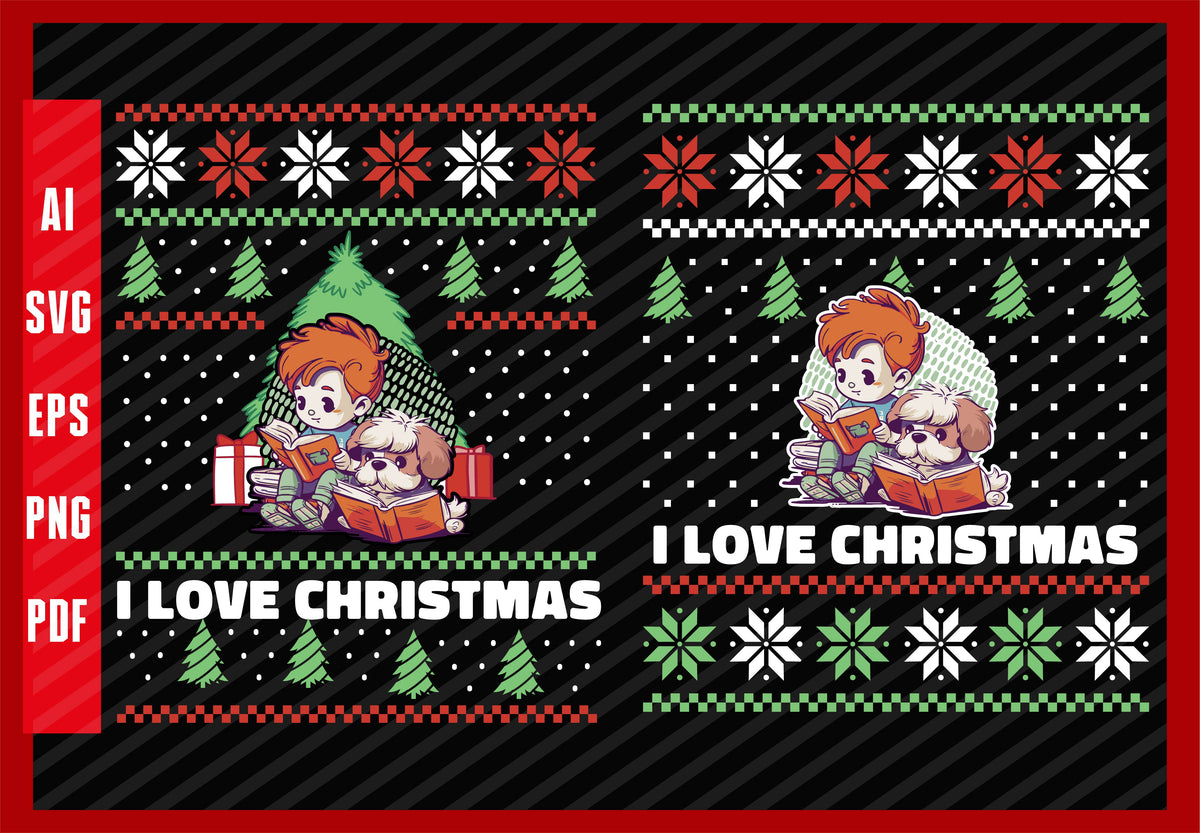 Redhead Dog and Boy Kid Reading Book Design, Dog Lover, I Love Christmas T-Shirt Design Eps, Ai, Png, Svg and Pdf Printable Files