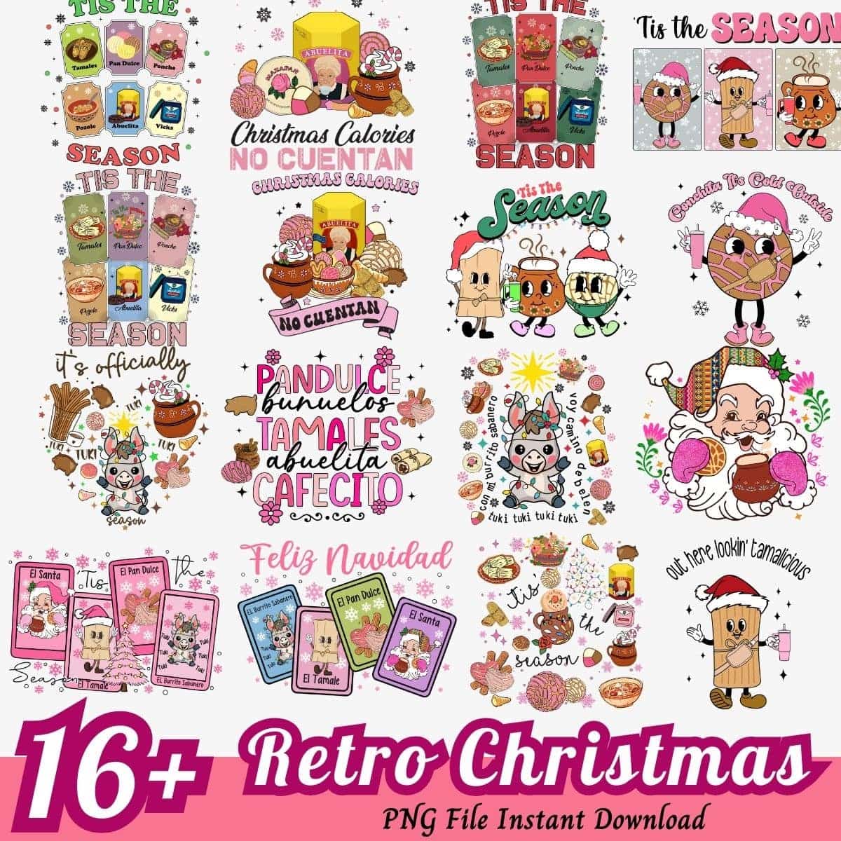 Cute Retro Christmas Bundle PNG 16+Tis The Season PNG Instant Download
