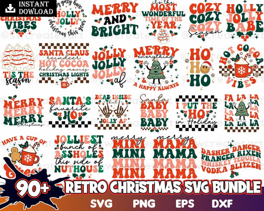90+ Retro Christmas bundle, Christmas digital bundle, Designs bundle in 4 formats SVG, PNG, EPS, DXF formats, Digital files