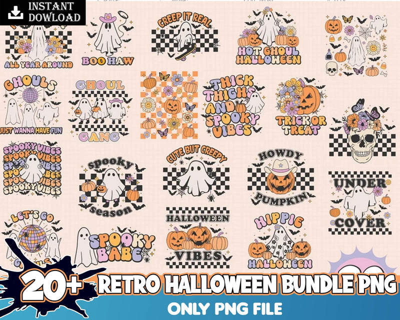 20+ Retro Halloween PNG bundle, Spooky Season Vibes, Ghost Fall Autumn, Png designs for cricut, Digital download.