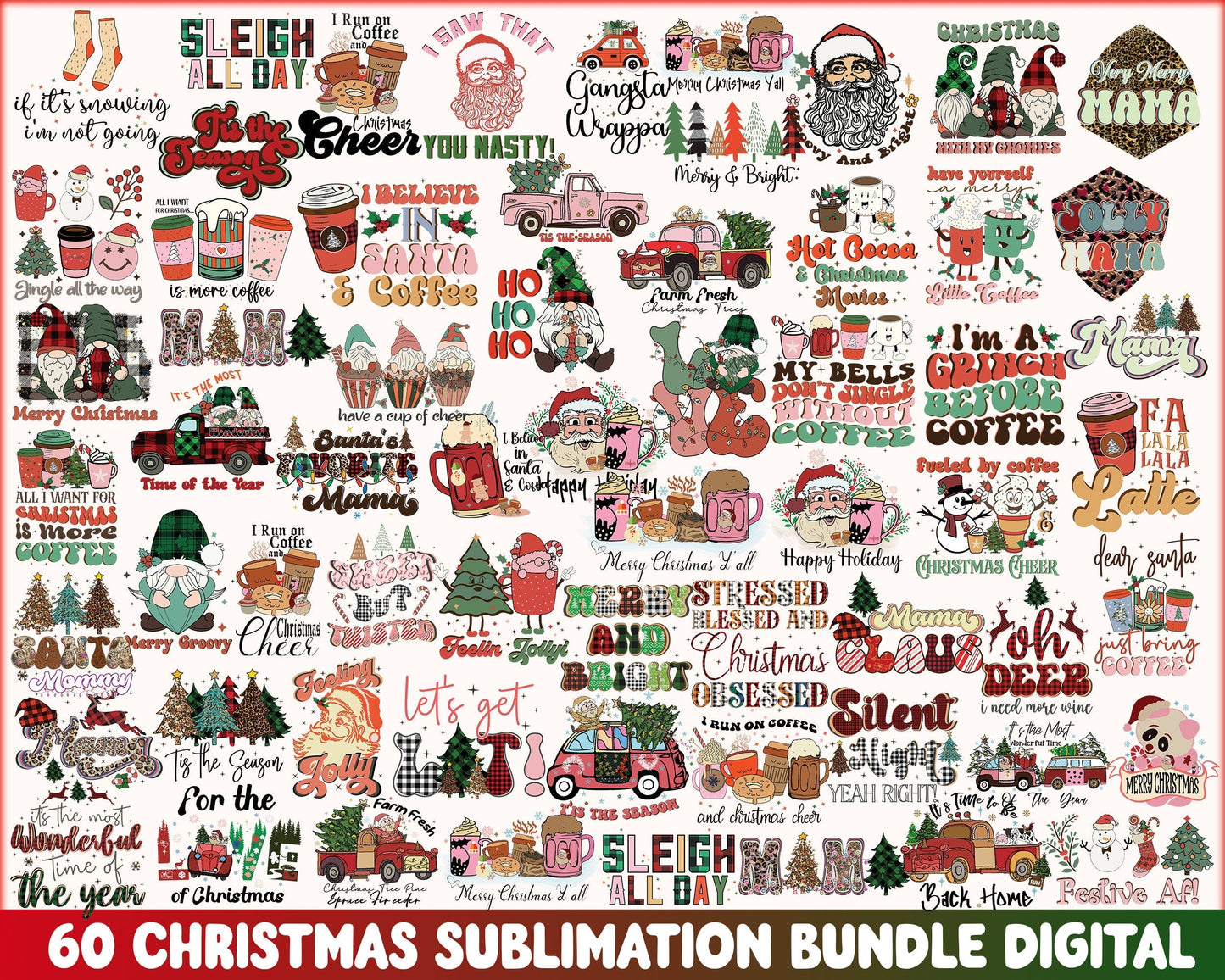 60 Retro Christmas sublimation, Christmas PNG bundle, Christmas digital bundle, Designs bundle, Digital files, CRM02112204