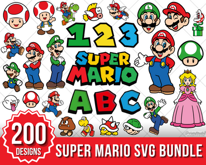 Super Mario SVG Bundle, Mario Birthday SVG, Super Mario Alphabet SVG, Mario Bros Clipart PNG Vector Files