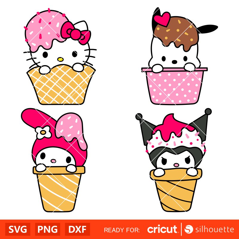 Hello Kitty Ice Cream Svg Bundle, Hello Kitty Cricut, Silhouette Vector Cut Files